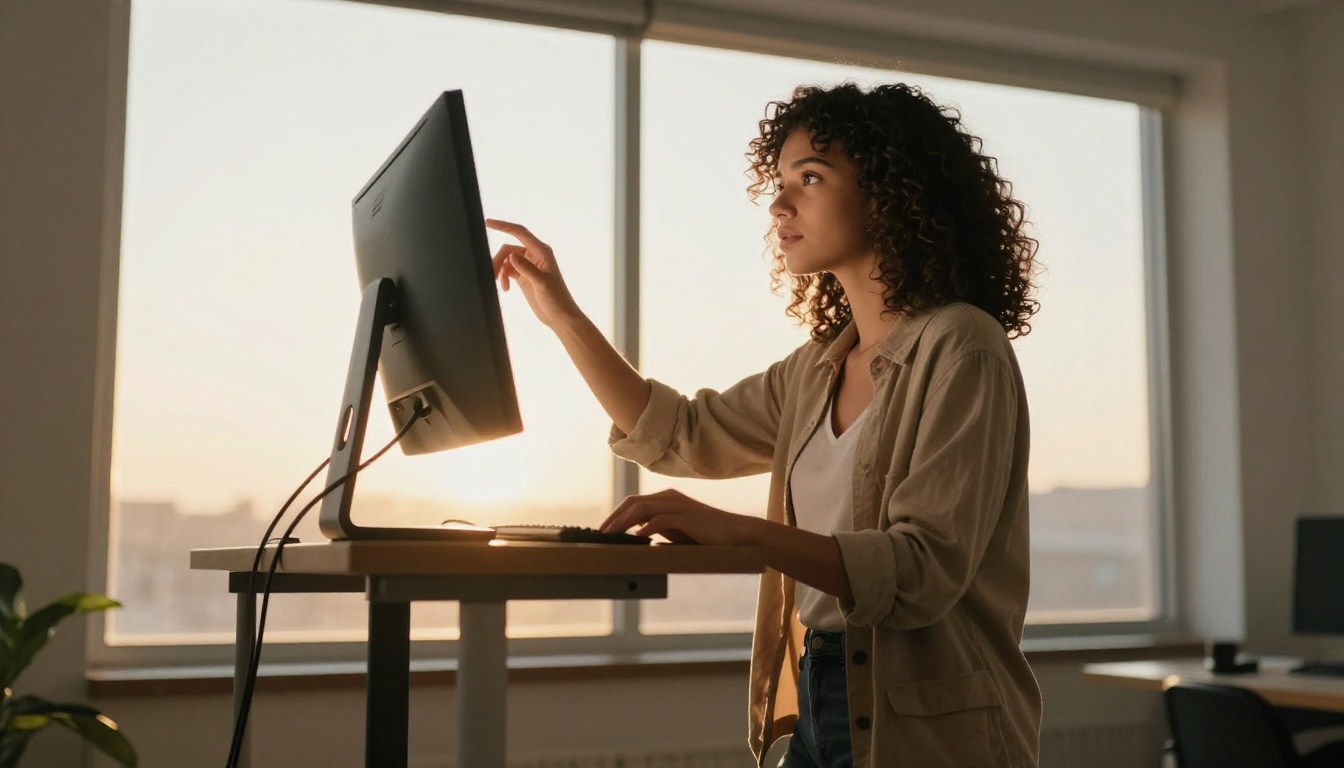 Woman at standing desk viewed from low angle