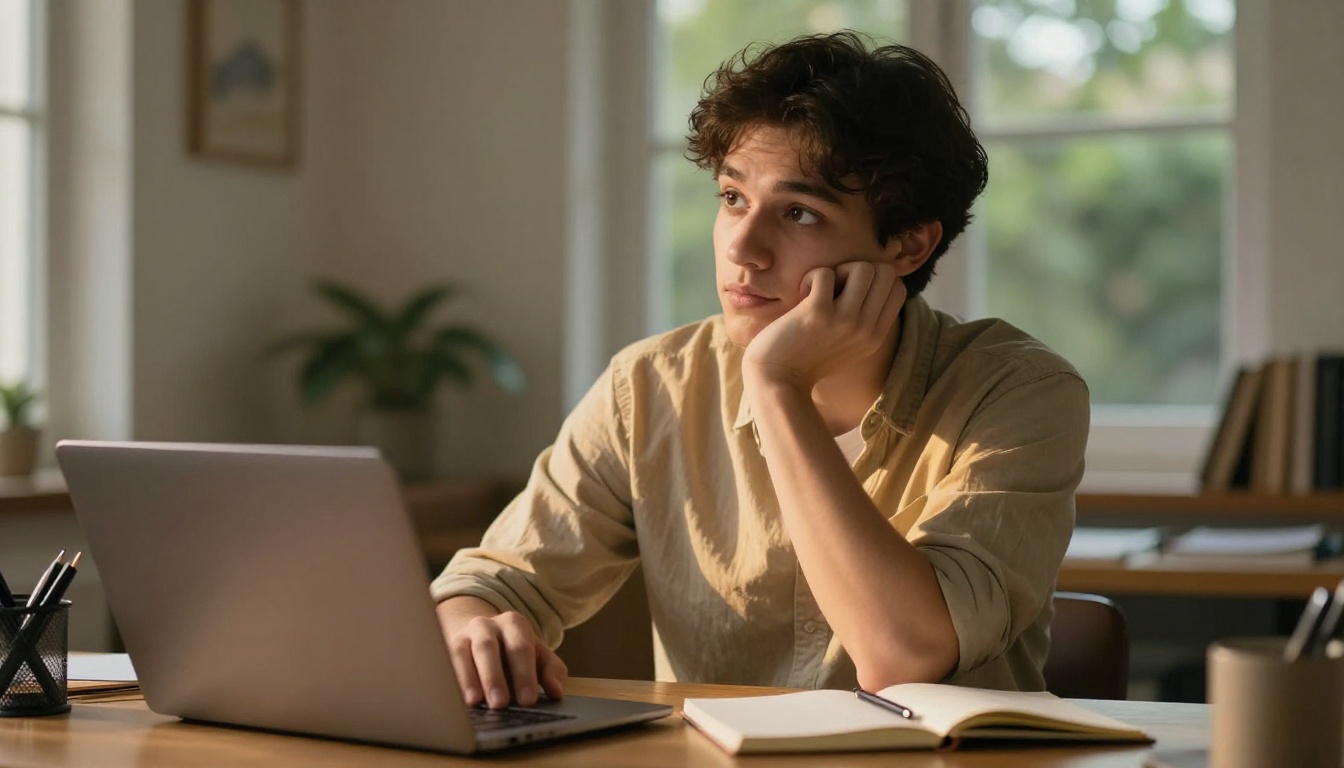 Thoughtful young man at a wooden desk with hand on chin in contemplative pose, warm afternoon window light illuminating his profile