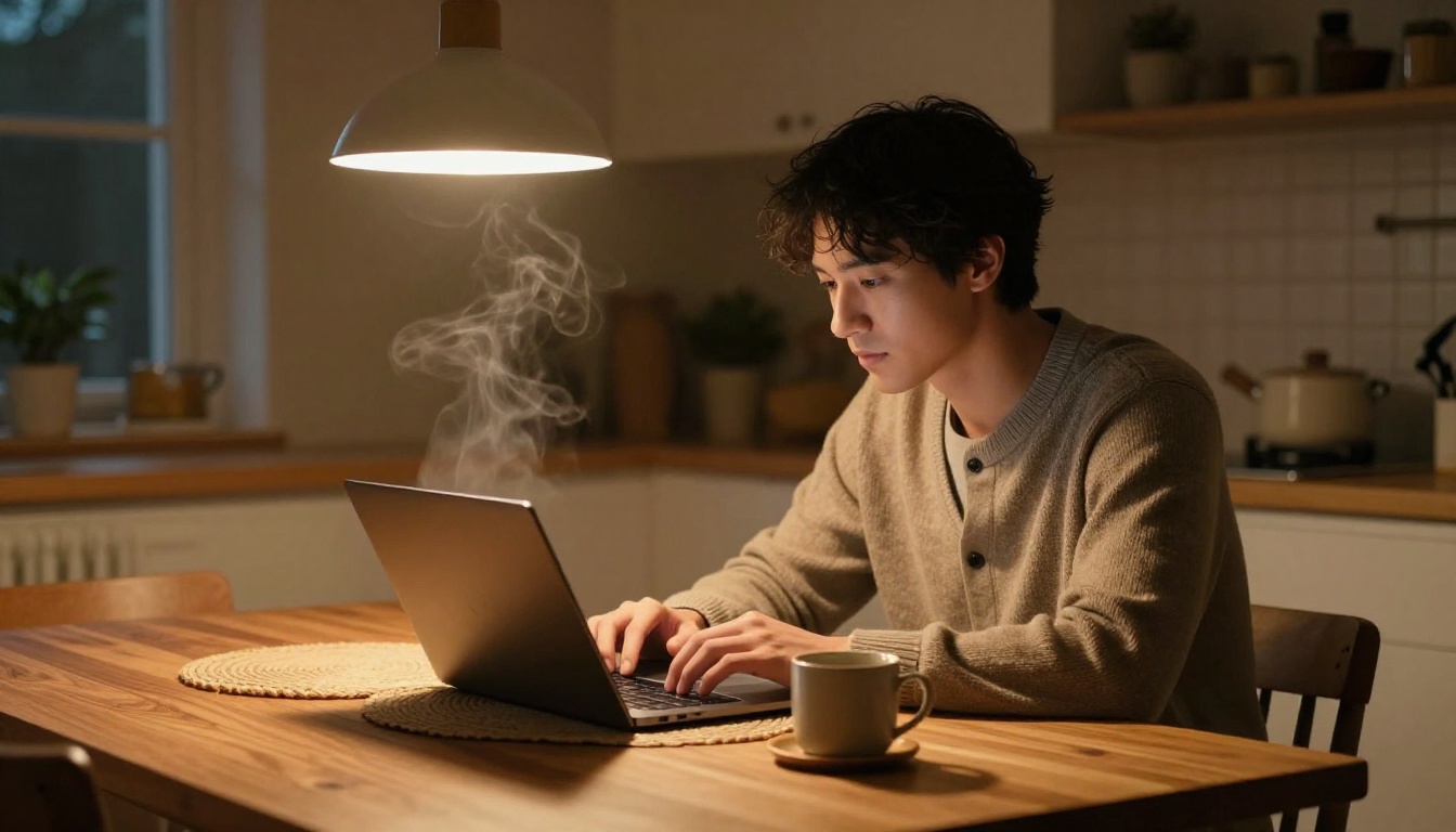 Man at kitchen table with laptop in warm evening light