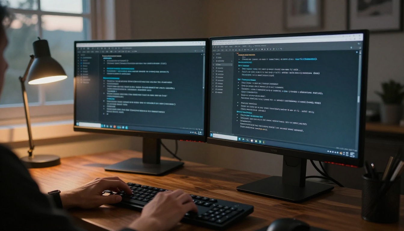 Wide shot of a professional home office with dual monitors displaying text interfaces, warm desk lamp light mixing with cool screen glow