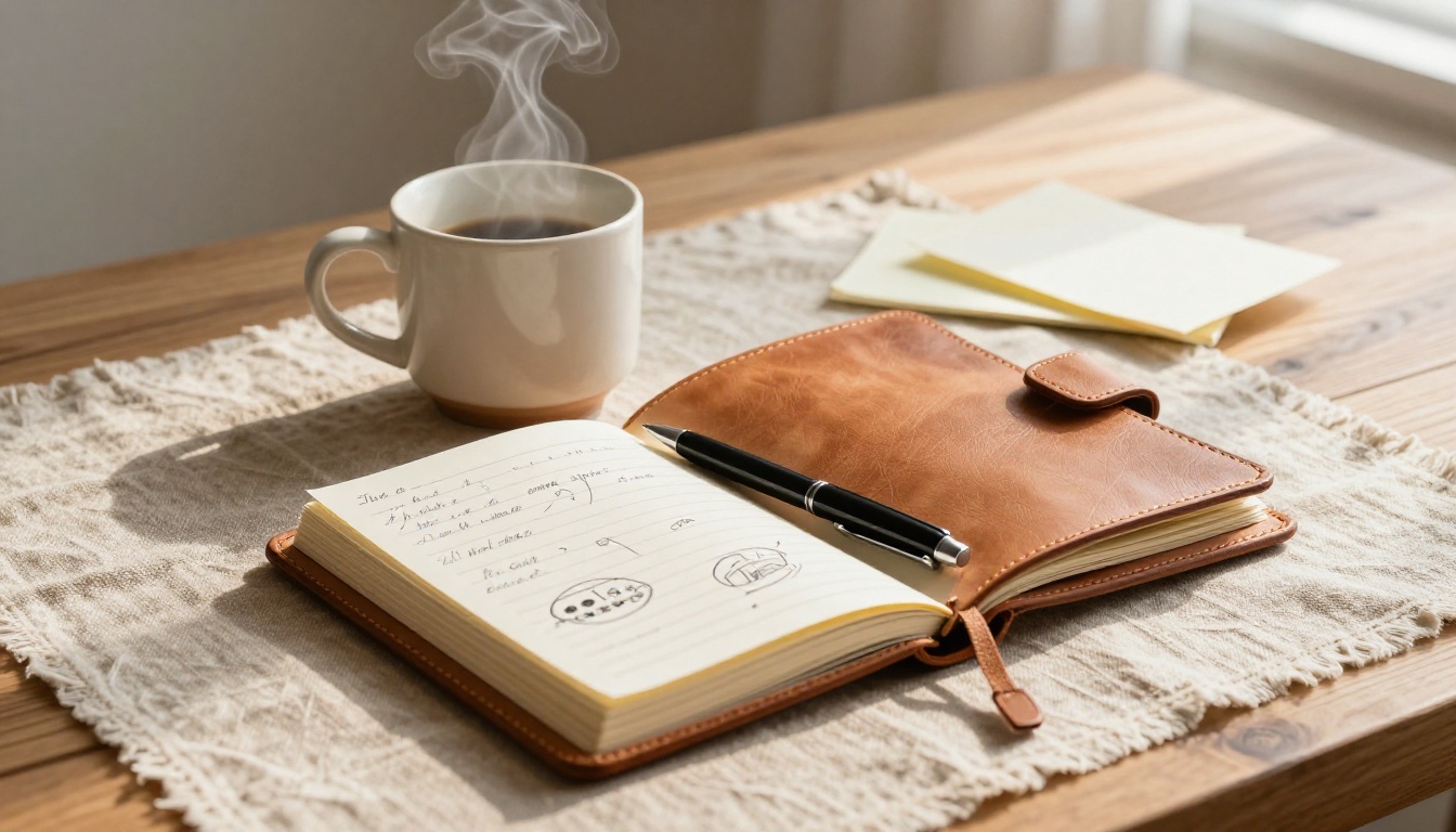 Overhead flat-lay of a ceramic coffee mug with steam, leather journal with handwritten notes, and a fine-tip pen on a linen surface in warm morning light
