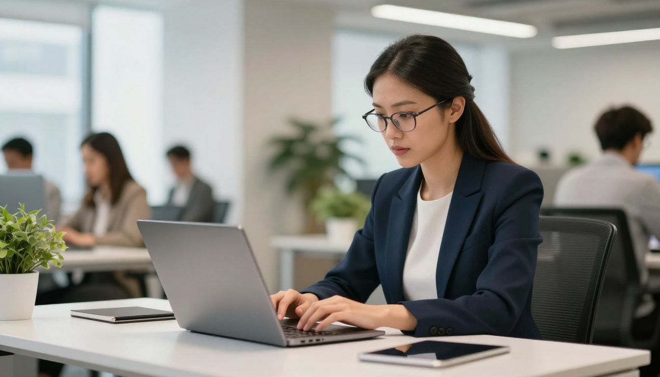 Professional woman in a navy blazer typing on a laptop at a white standing desk, soft studio lighting from the left with fill from the right