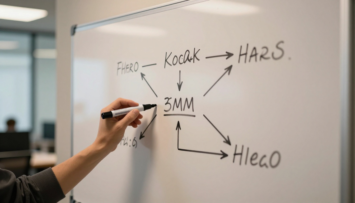 Clean white whiteboard with handwritten diagrams and a person holding a black marker, bright modern office background softly blurred
