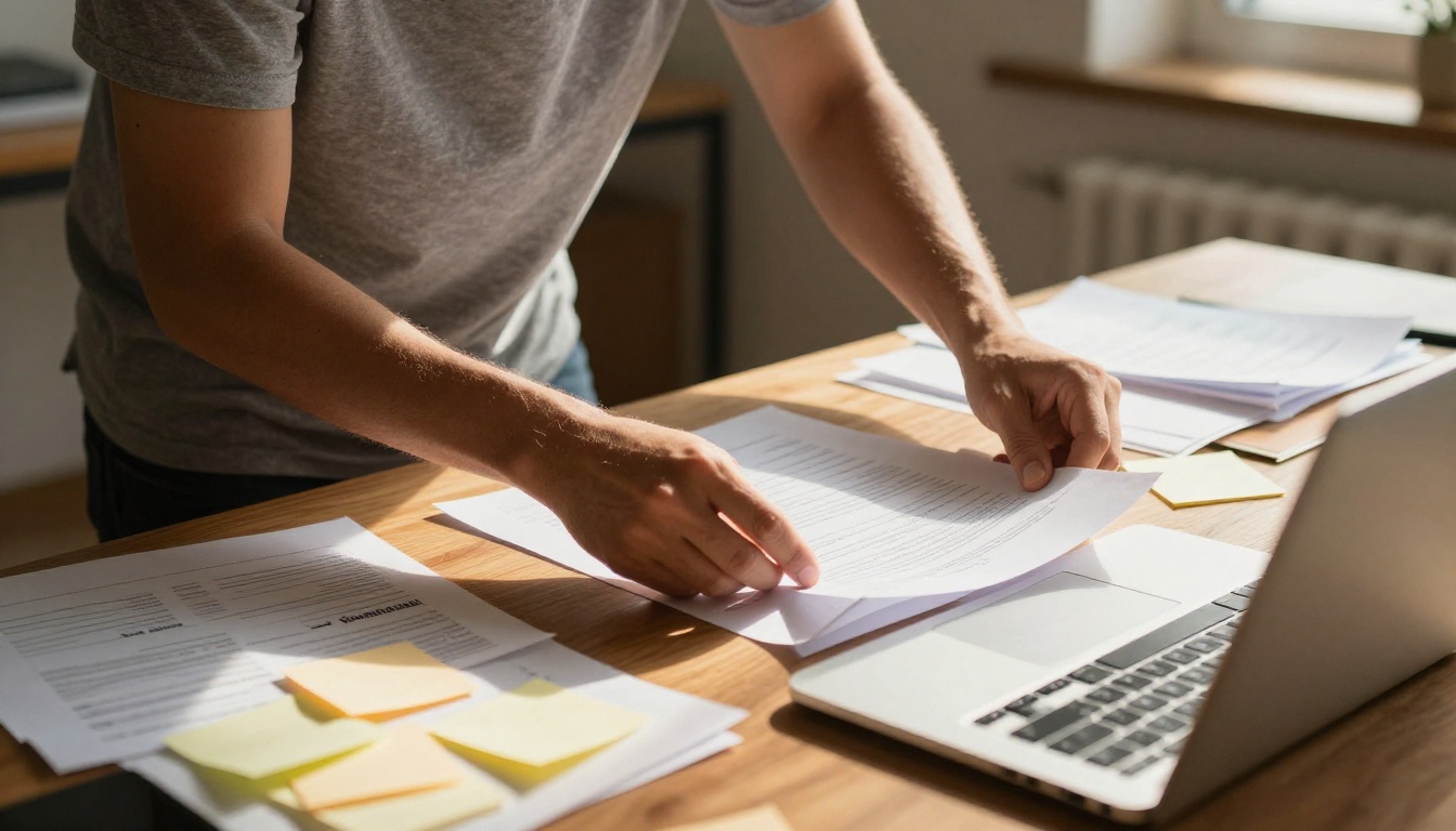 Creative professional leaning over a wooden desk covered in papers and sticky notes, warm afternoon rim light from behind, low-angle view