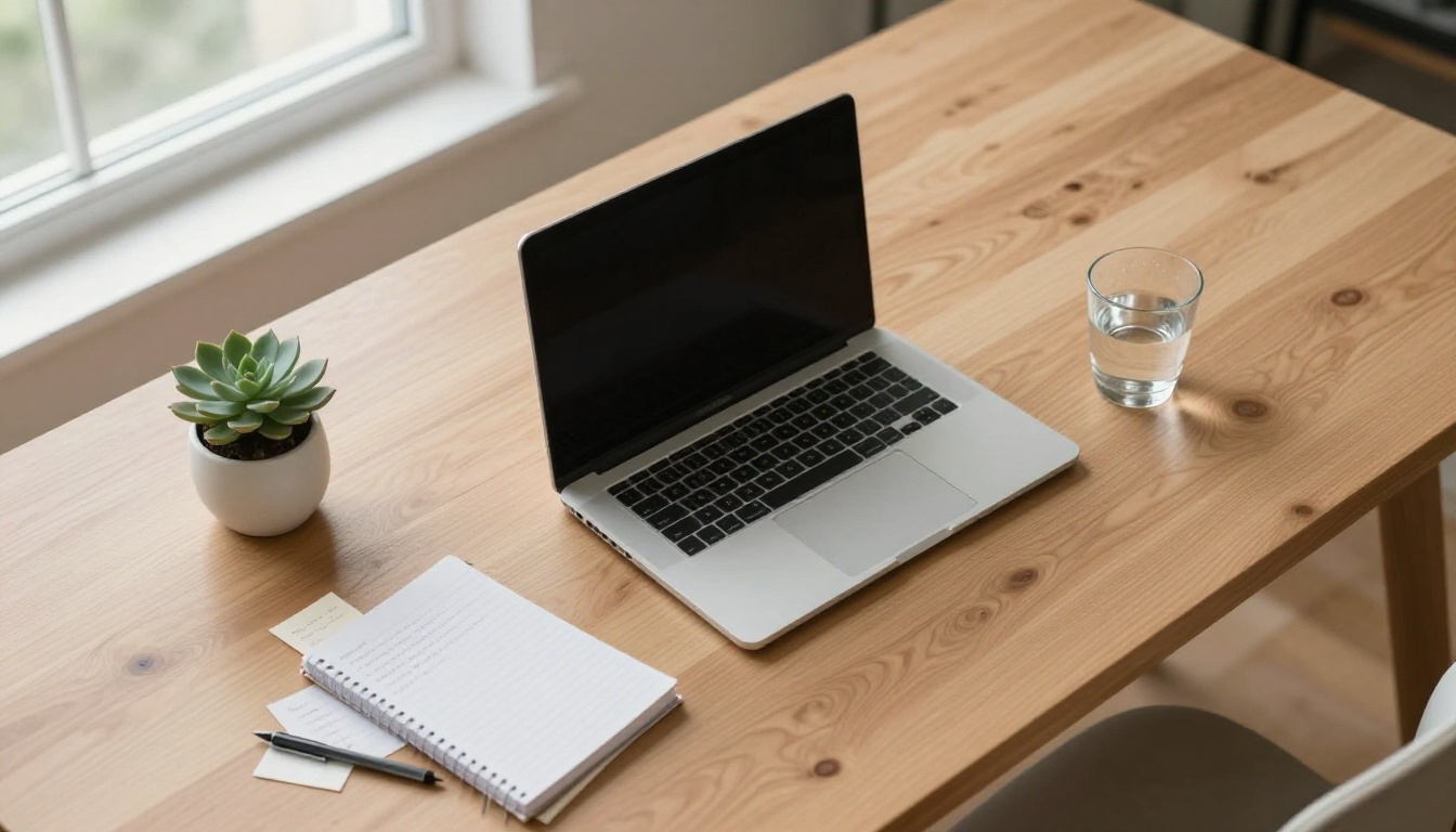 Aerial overhead view of a minimalist maple wood desk with a slim laptop, small succulent plant, scattered index cards with handwritten notes, and a glass of water