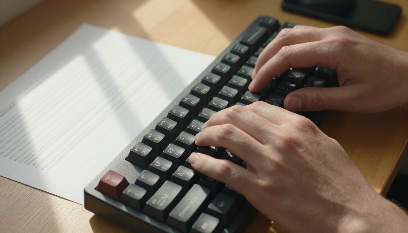 Hands typing a prompt on a mechanical keyboard at a wooden desk with reference notes
