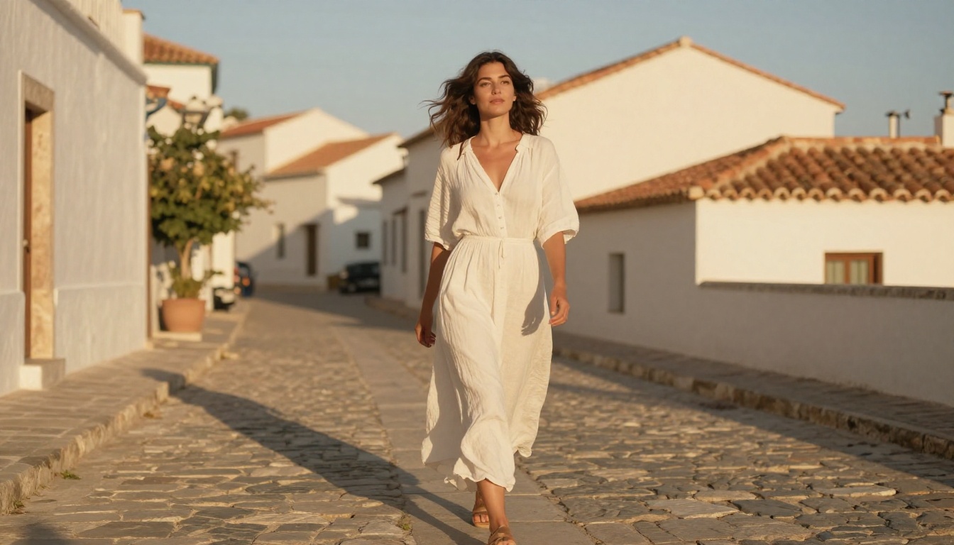 Woman walking confidently through a Mediterranean cobblestone street in a white linen dress at golden hour