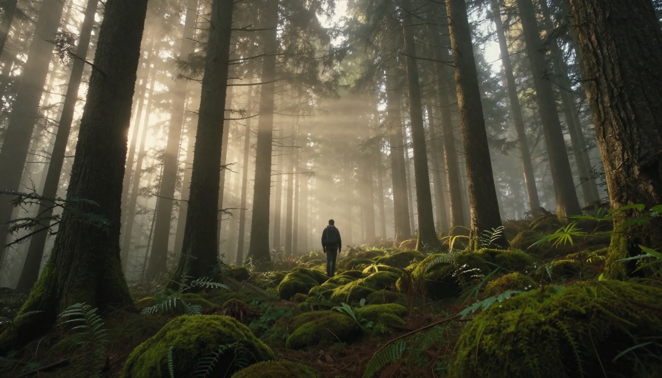Wide establishing shot of a dense cedar forest at dawn with golden light shafts and lone hiker figure