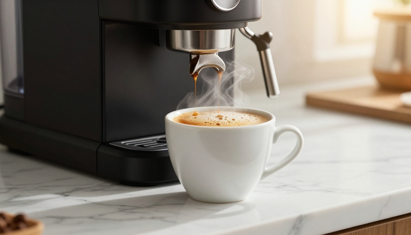 Sleek black espresso machine on marble countertop with steam rising and warm kitchen background bokeh