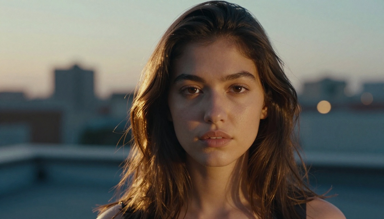 Portrait of a confident young woman on an urban rooftop at dusk with golden rim light and city bokeh