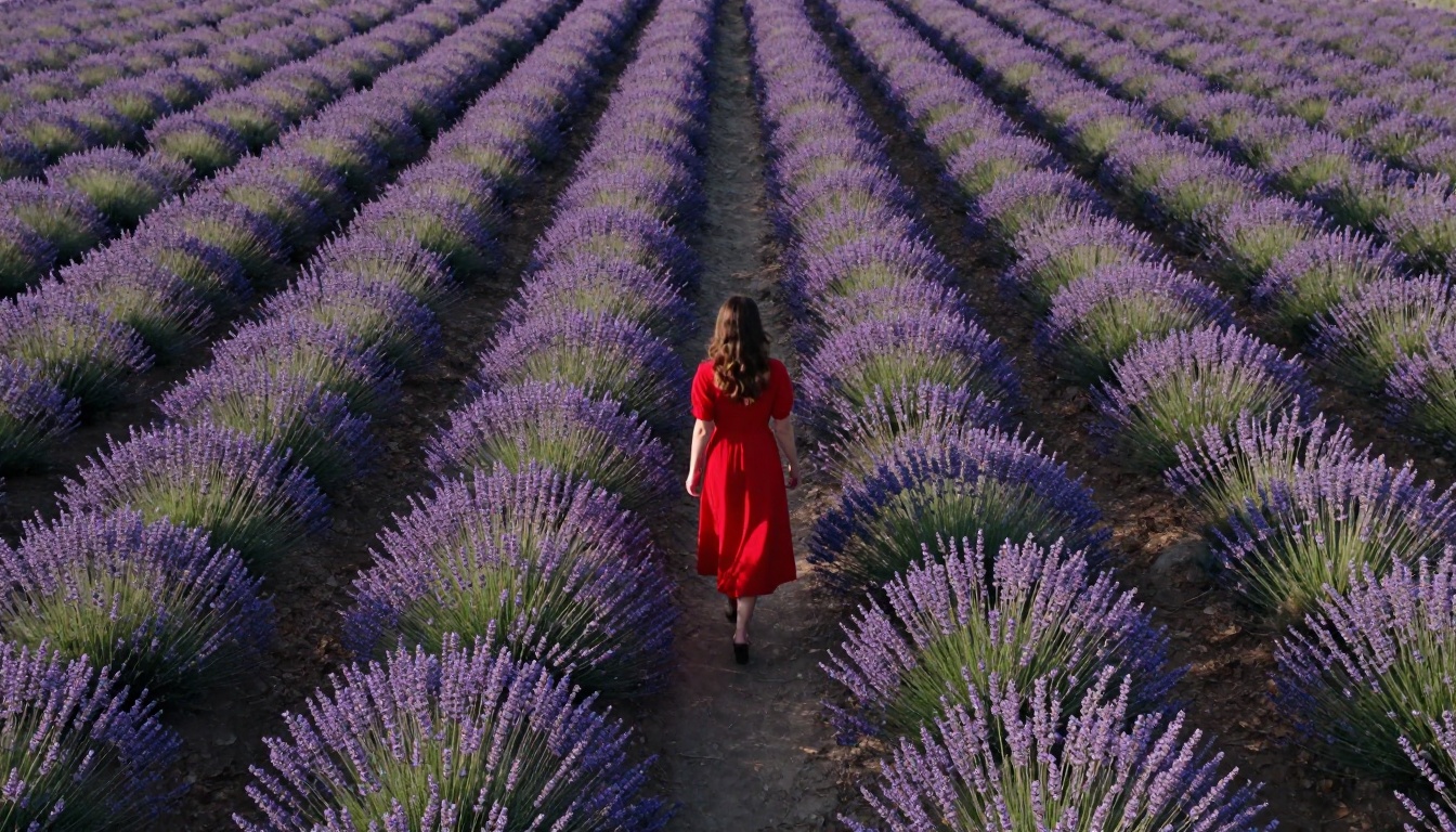 Aerial drone shot looking straight down at a woman in a red dress walking through a lavender field