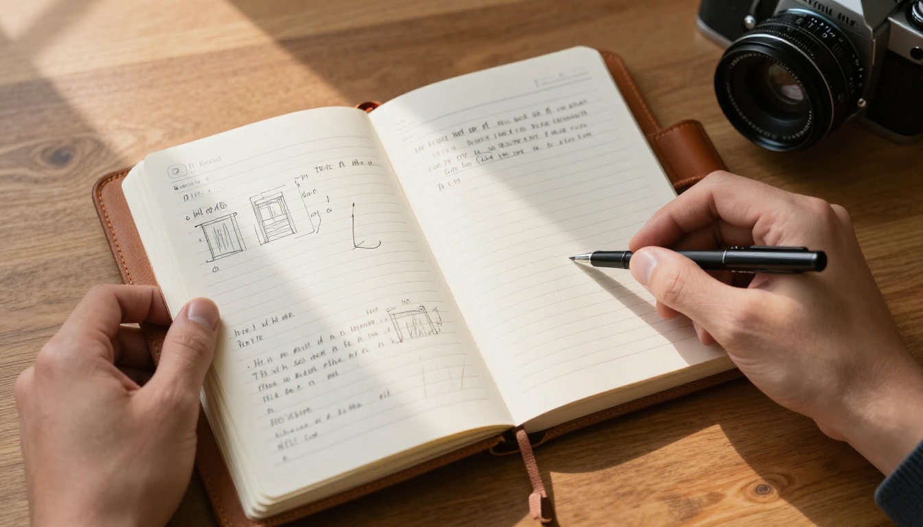 Filmmaker's hands holding a leather notebook with handwritten prompt notes next to a vintage film camera
