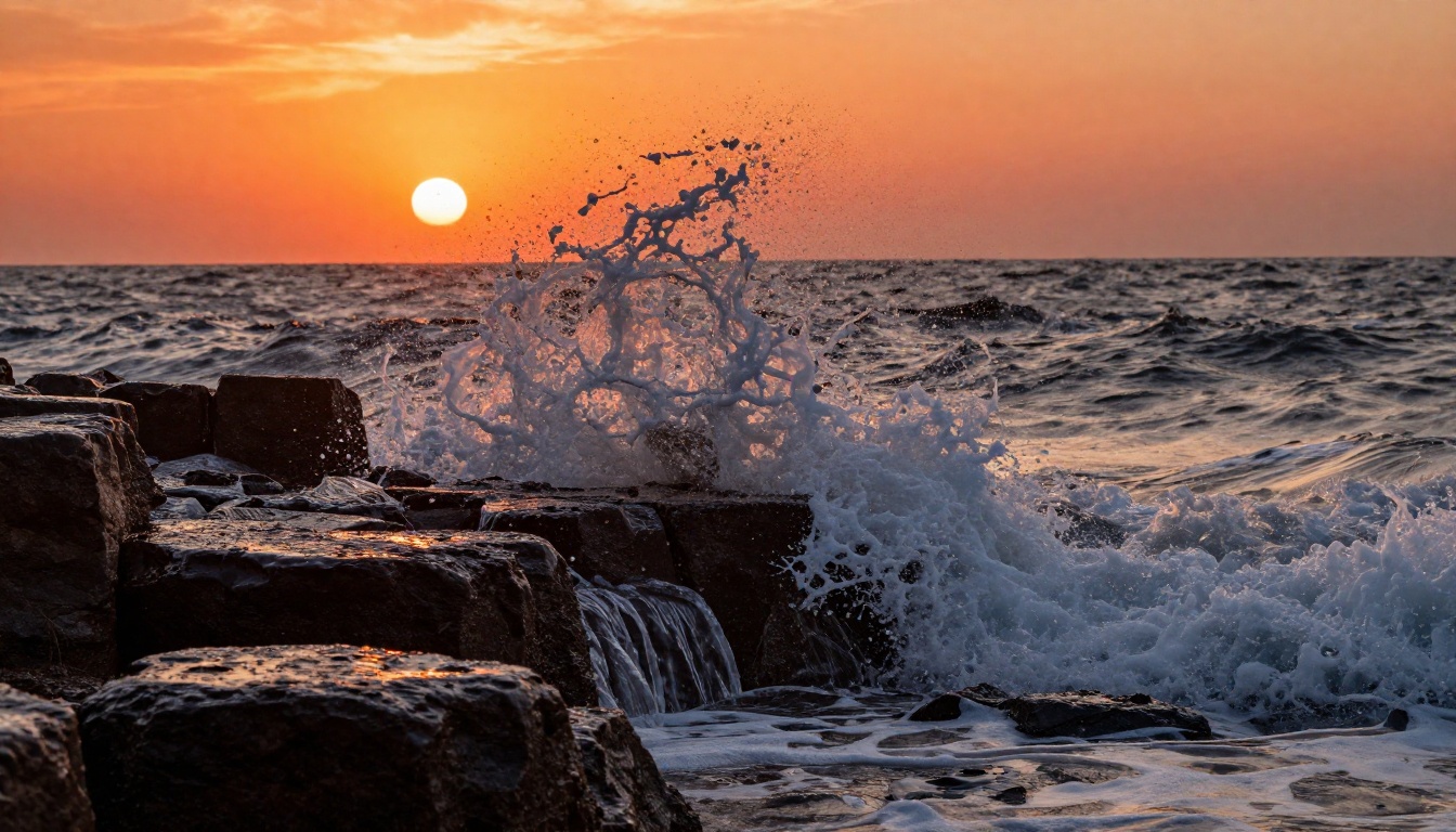 Ocean waves crashing against jagged basalt rocks at sunset with water spray frozen in mid-air
