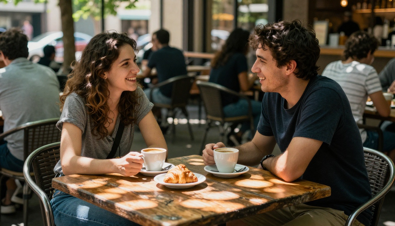 Two people in natural conversation at a sunlit outdoor cafe with dappled light through trees