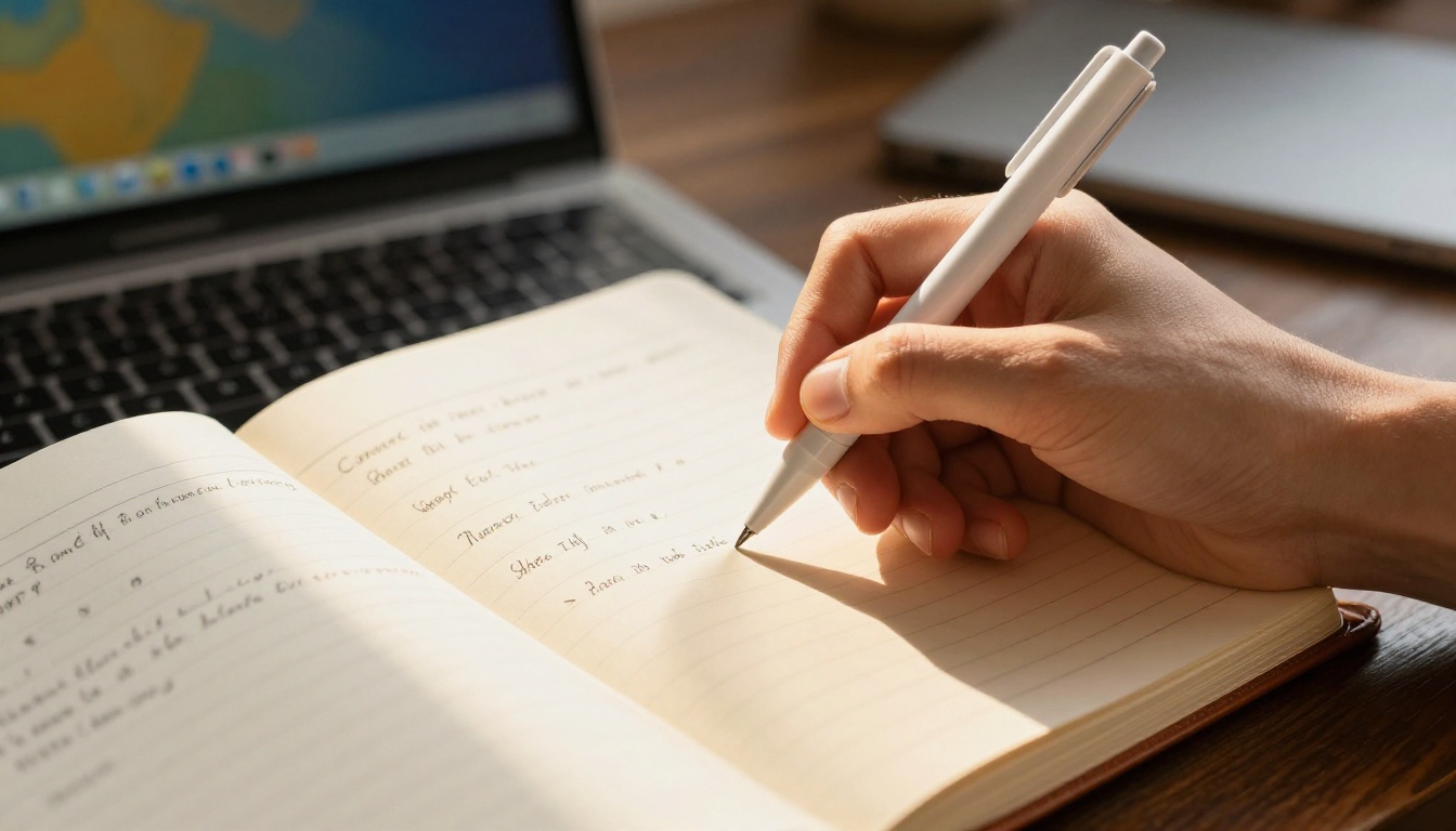 Writing detailed prompt notes in a leather journal