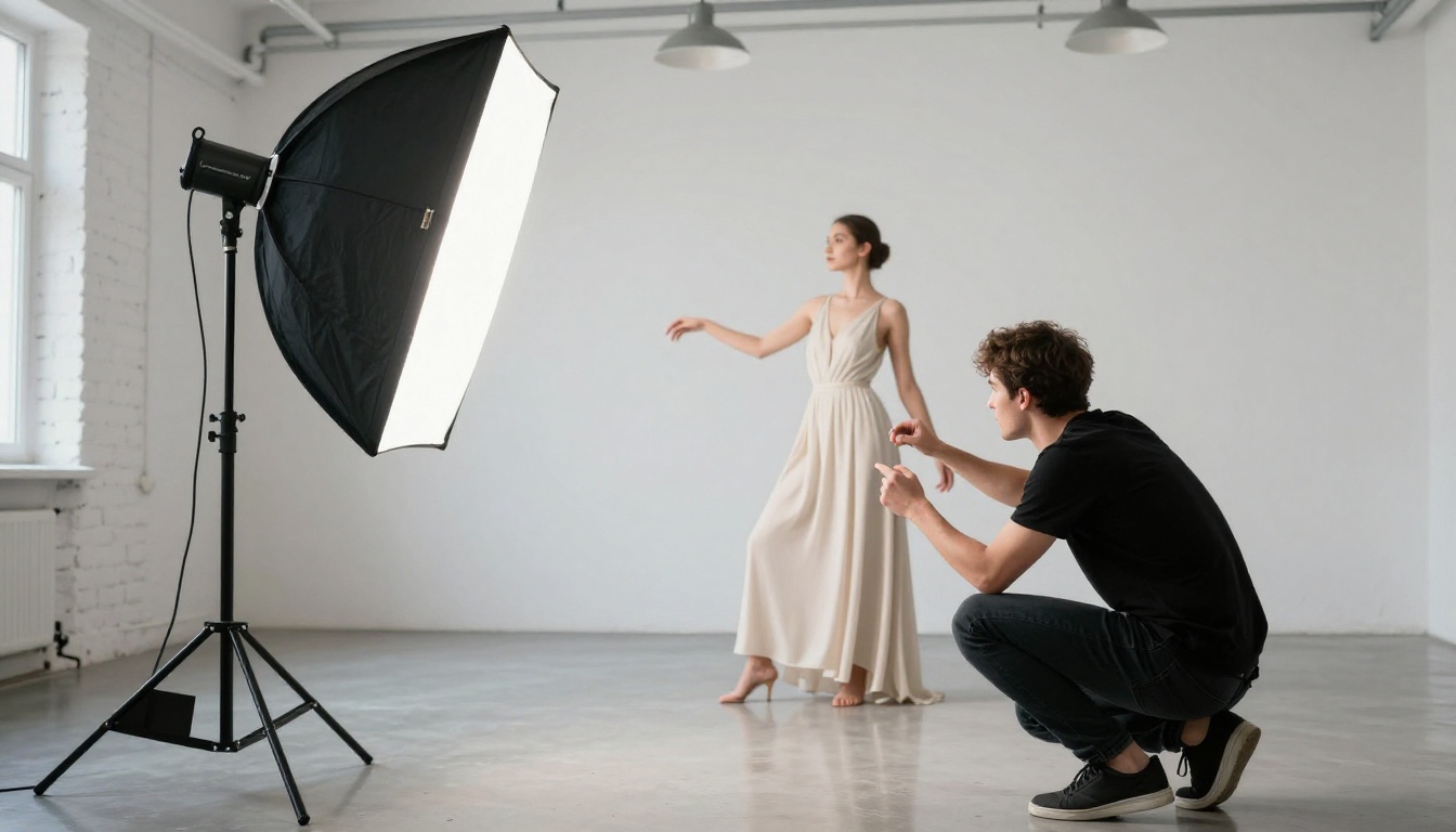 Fashion photographer adjusting studio lighting with model in background