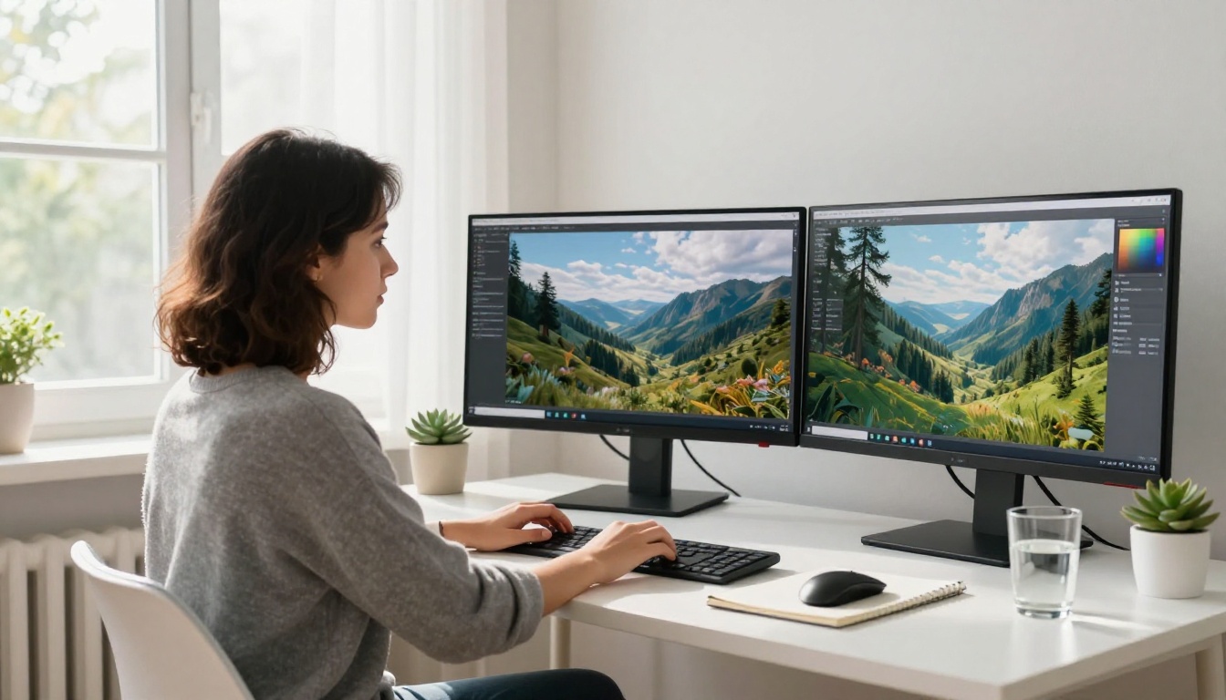A woman comparing AI-generated images on dual monitors