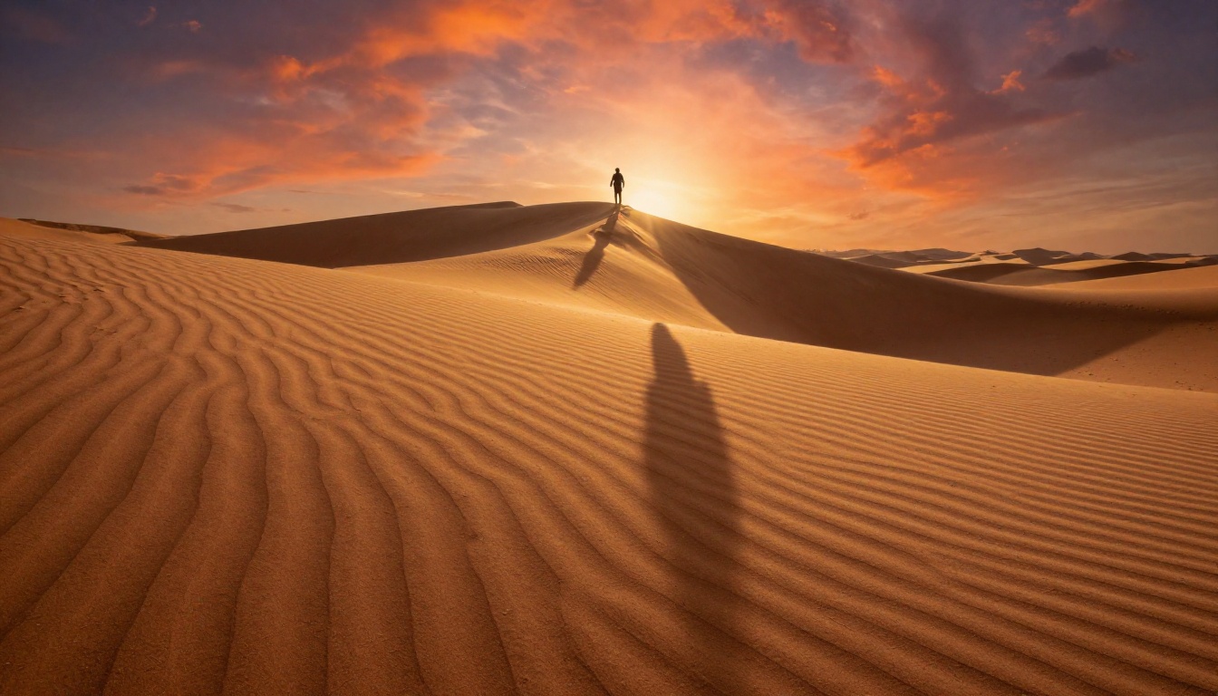 Golden hour desert dunes with silhouetted figure at the crest