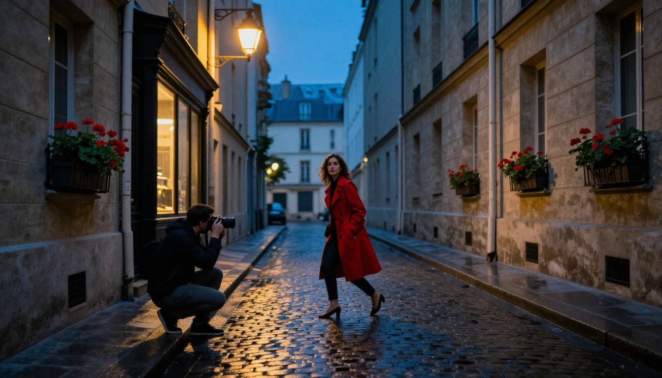 Street photographer shooting upward in a Paris alley at blue hour