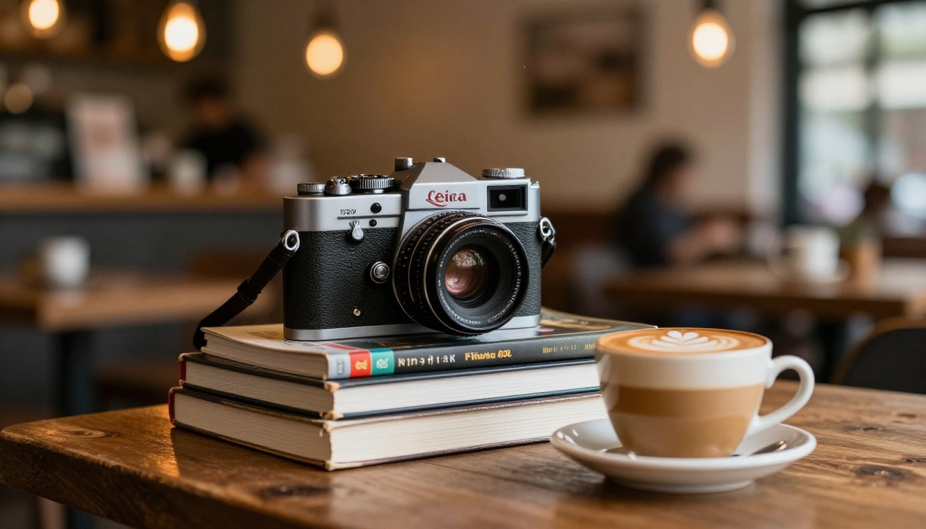 Vintage film camera on photography books in a warm cafe