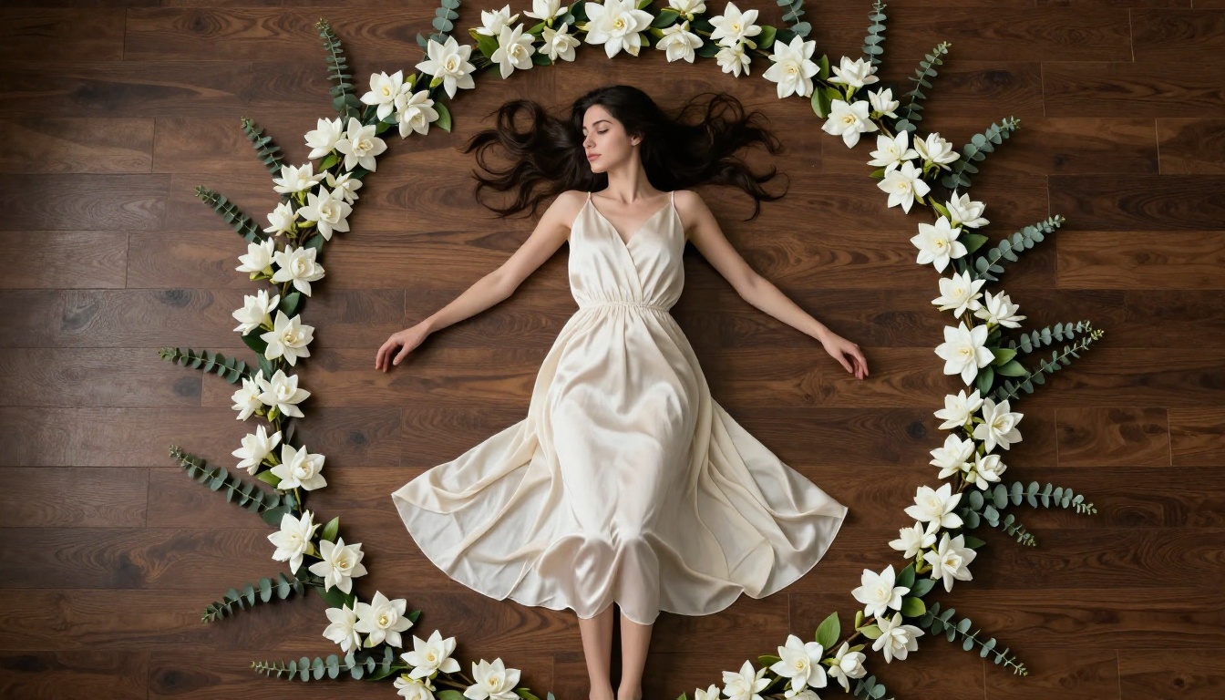 Aerial flat-lay portrait of woman in cream dress surrounded by white gardenias