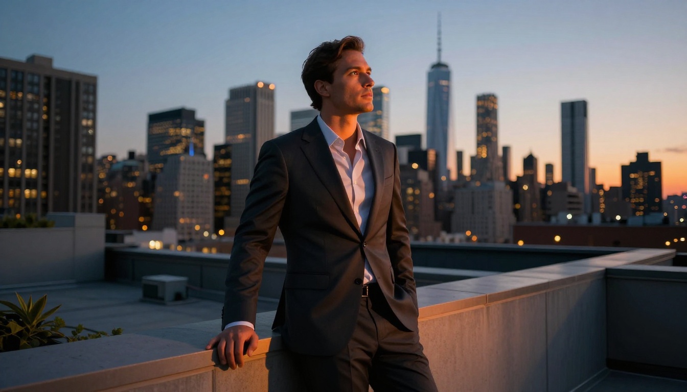 Low-angle cinematic portrait of man in suit on NYC rooftop at dusk