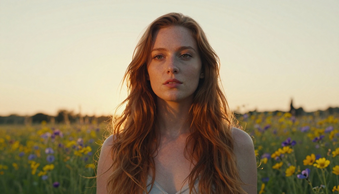 A young woman with auburn hair stands in a golden-hour wildflower meadow, warm backlit sun casting rim light