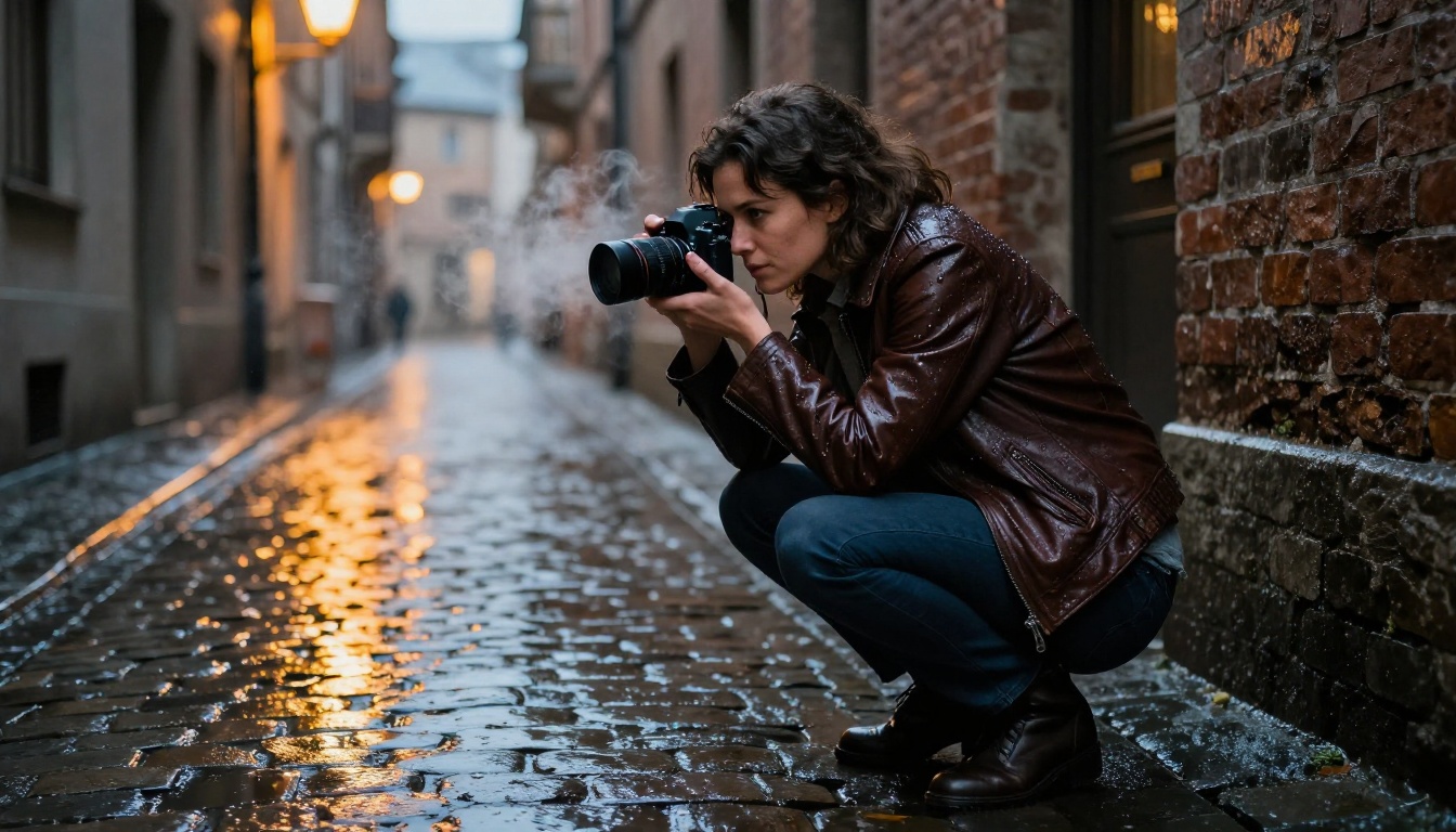 Filmmaker crouching with handheld camera at eye level in rain-soaked European alley at dusk