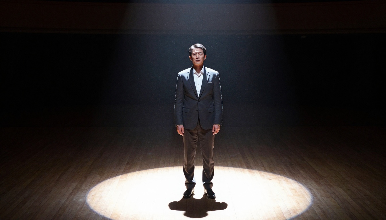 Actor in charcoal suit under single spotlight on dark empty theater stage