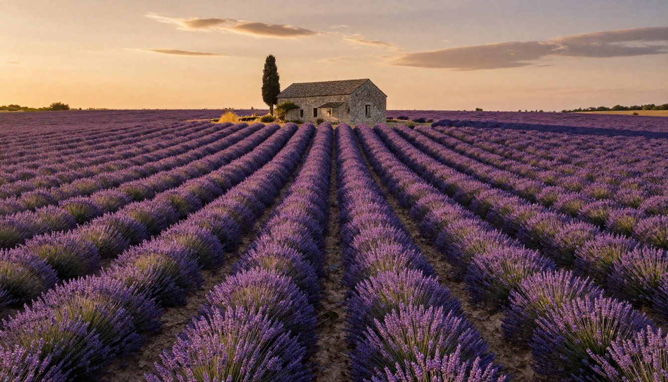 Aerial view of a vast lavender field in Provence at golden hour, purple rows stretching toward a rustic stone farmhouse