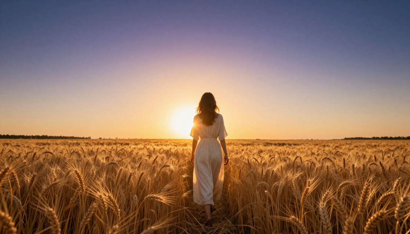 Woman in ivory linen dress walking through golden wheat field backlit by setting sun