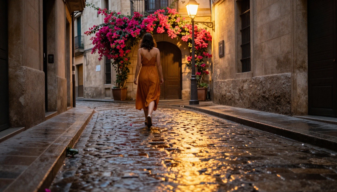 A young woman in ochre dress walks through a cobblestone Barcelona alley at dusk, warm streetlamp light pooling on wet stone