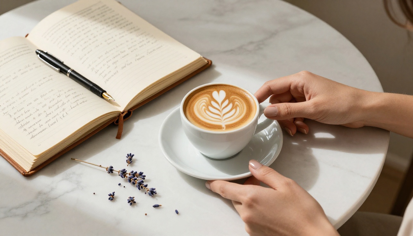 Overhead flat-lay of a marble cafe table with espresso latte art, lavender sprigs, open journal, and a woman's hand in morning window light