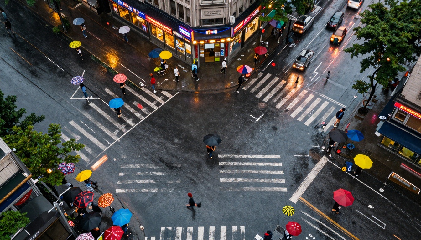 Aerial top-down view of rainy city intersection with colorful umbrellas and wet reflections