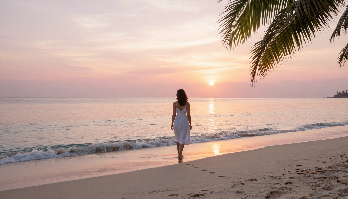A woman in a white linen sundress walks barefoot along a tropical beach shoreline at early morning sunrise