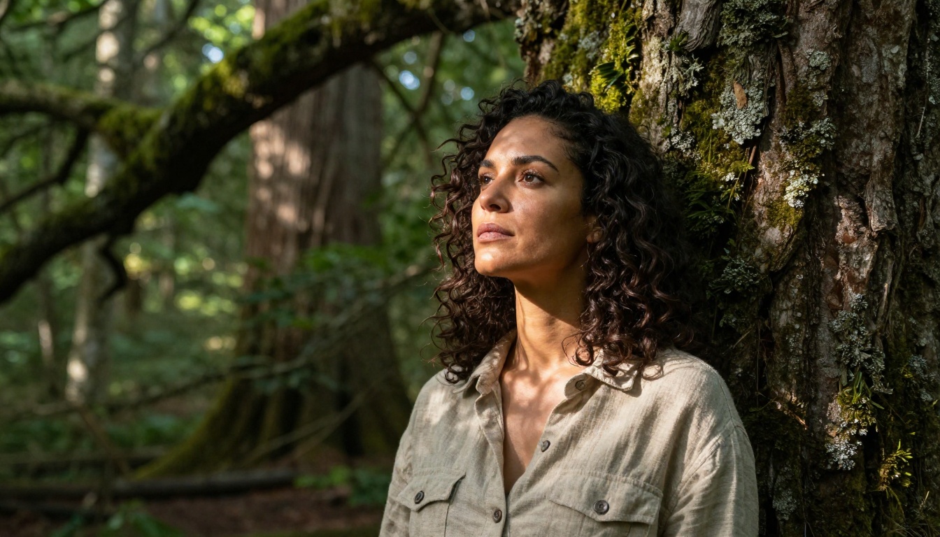 A woman with dark curly hair leans against a moss-covered oak tree in a Pacific Northwest forest, dappled light filtering through the canopy