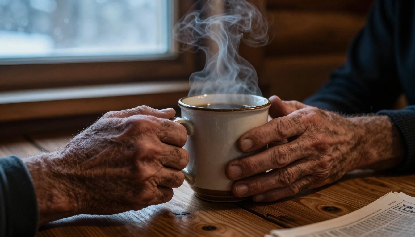 Close-up of weathered hands wrapped around a ceramic mug in morning cabin light with steam curling upward