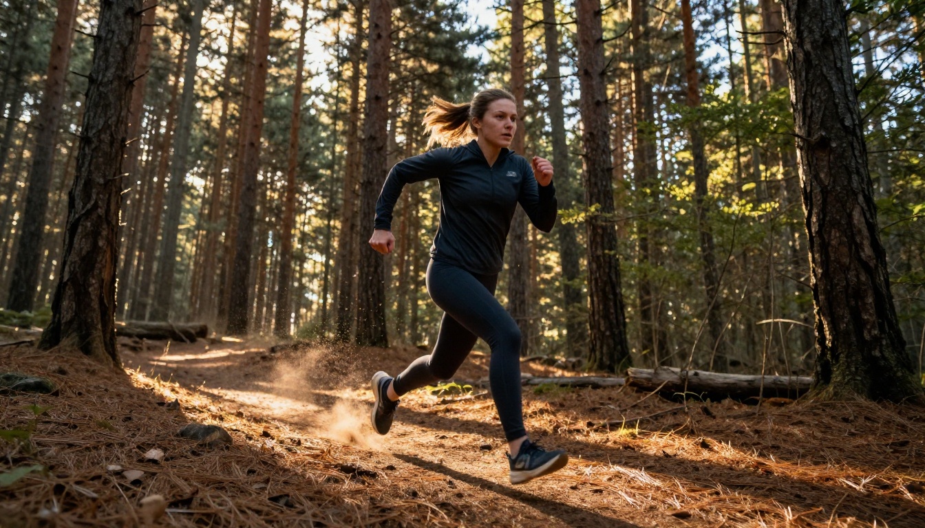 Woman in athletic wear sprinting through pine forest at sunrise, motion blur on legs