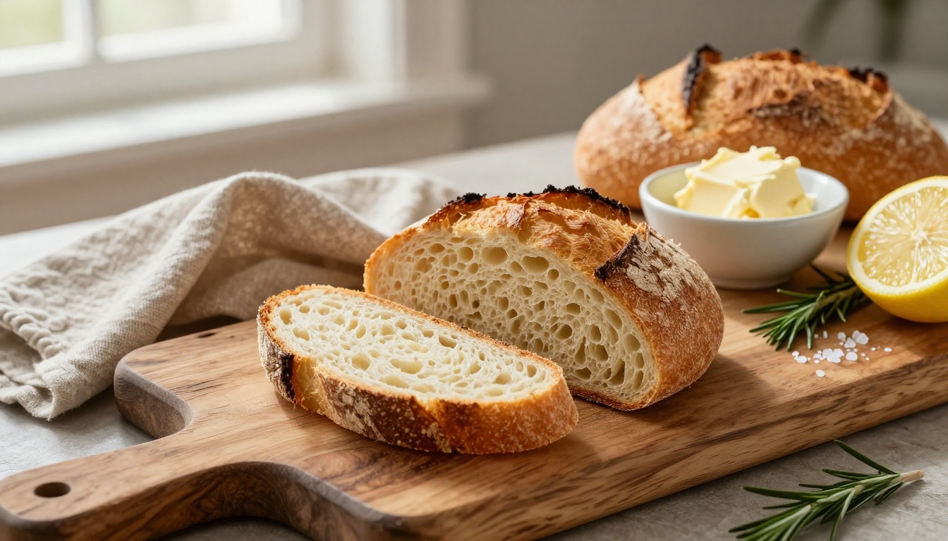 Rustic wood cutting board with freshly baked sourdough, artisan butter in ceramic bowl, and rosemary in soft window light