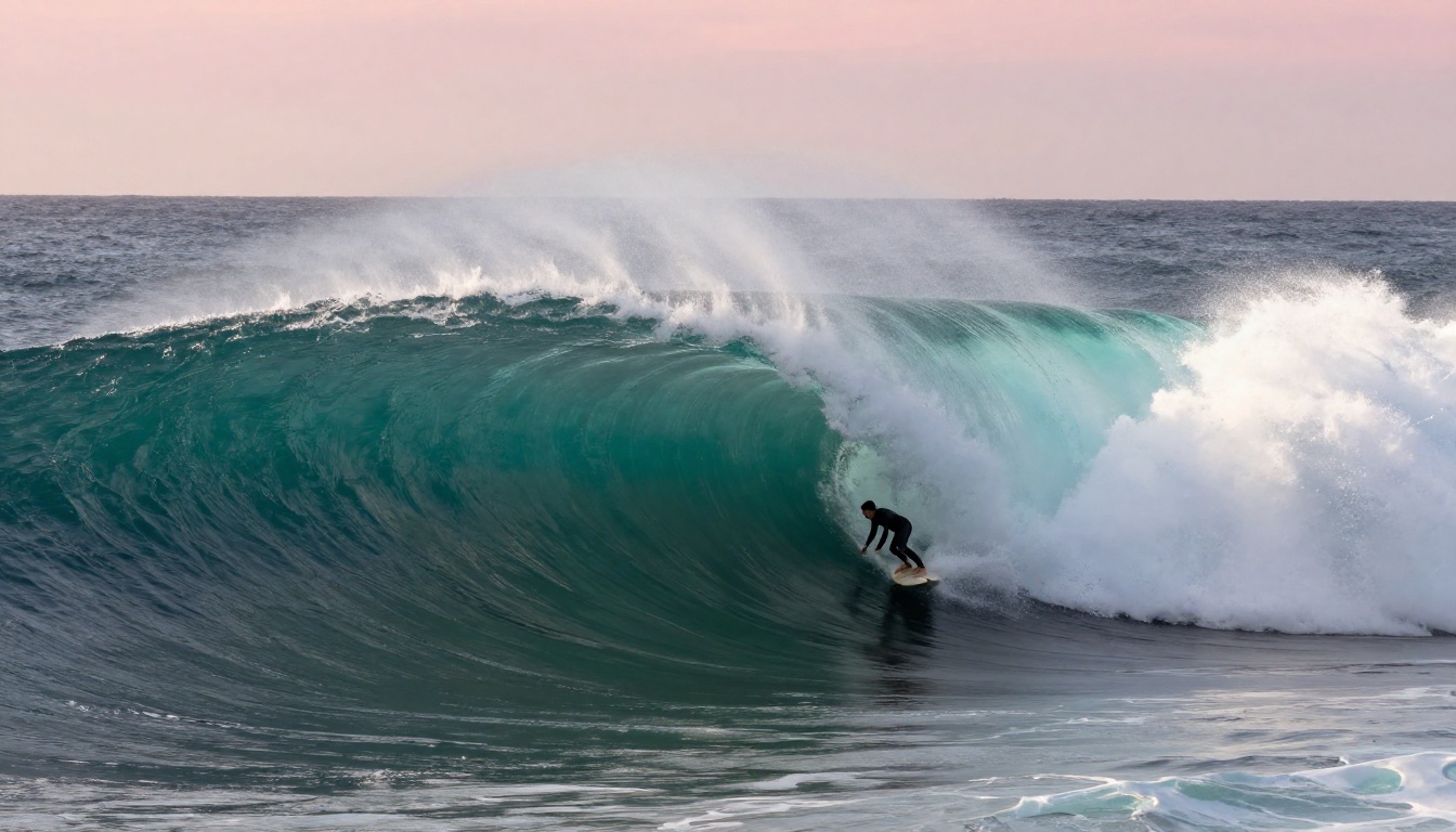 Aerial helicopter view of lone surfer paddling into a massive turquoise ocean wave at dawn
