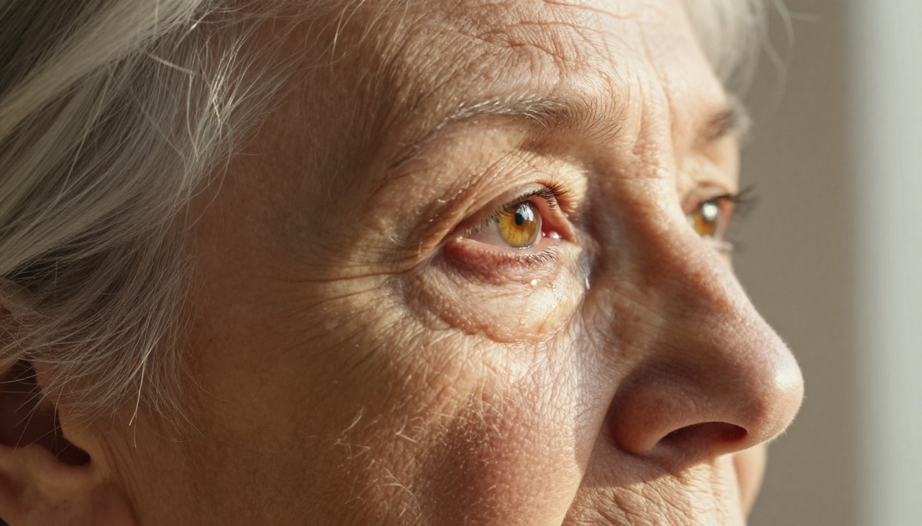 Extreme close-up of elderly woman's face in profile with single tear in afternoon window light