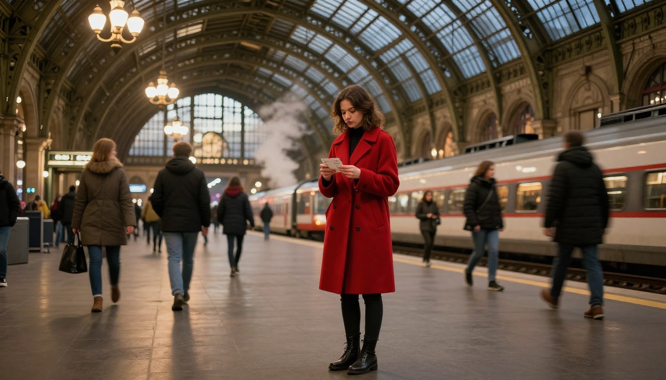 Woman in red coat standing still at Budapest train station at night with steam at her feet