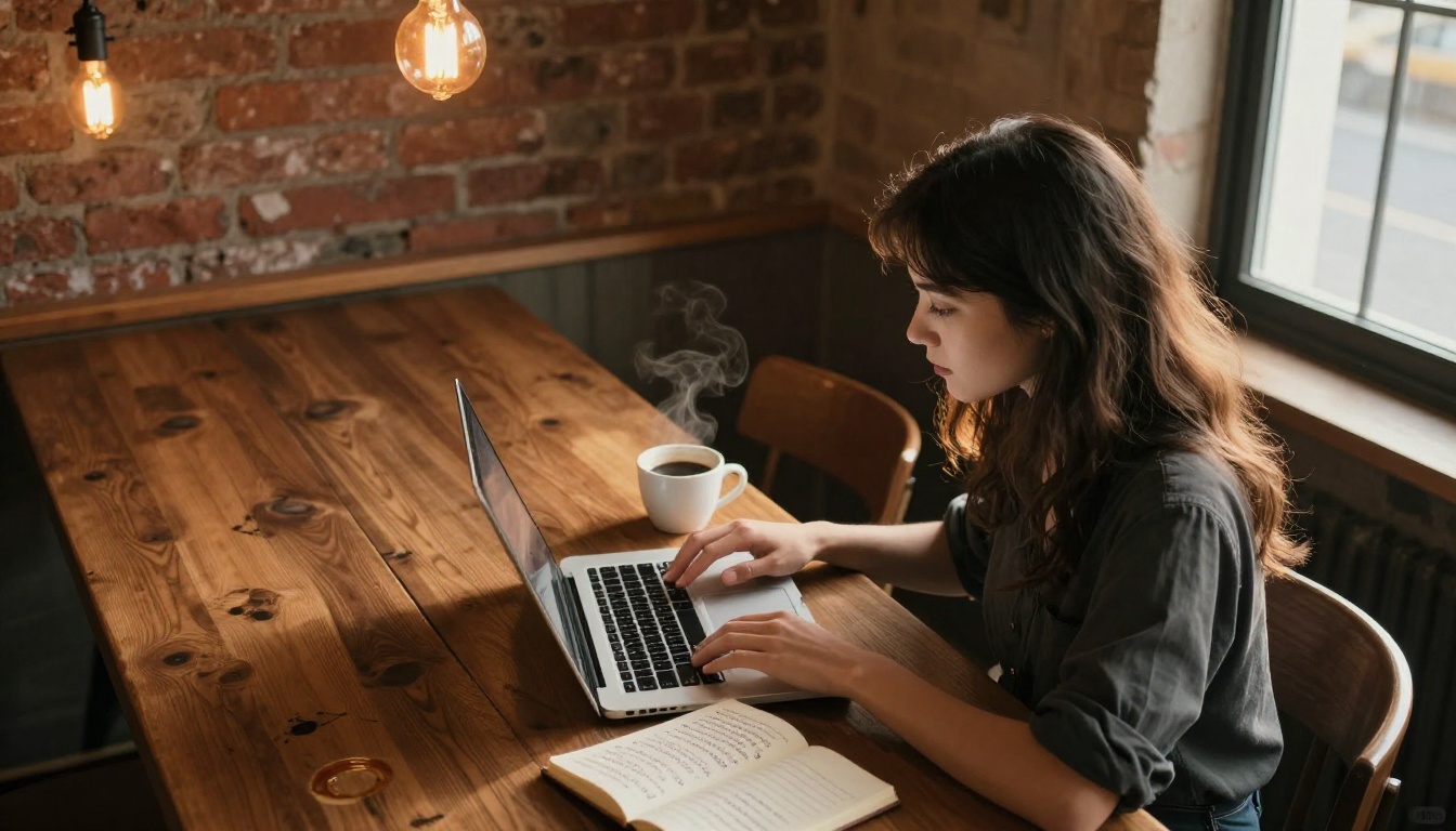 Writer at café with MacBook and notebook
