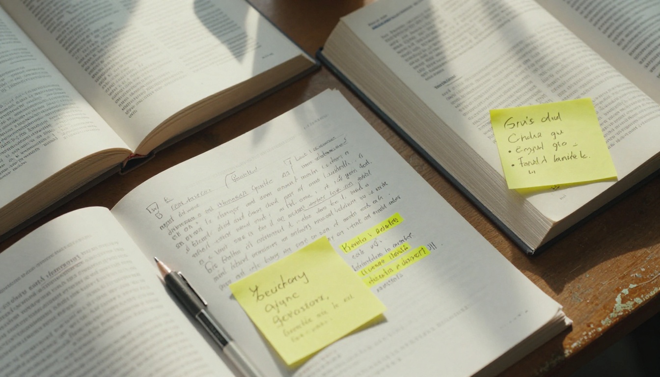 Research desk covered in annotated journal articles and textbooks