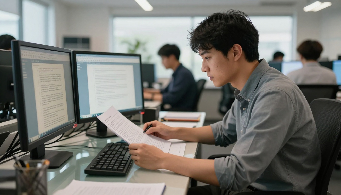 Journalist at a modern newsroom with dual monitors showing article drafts