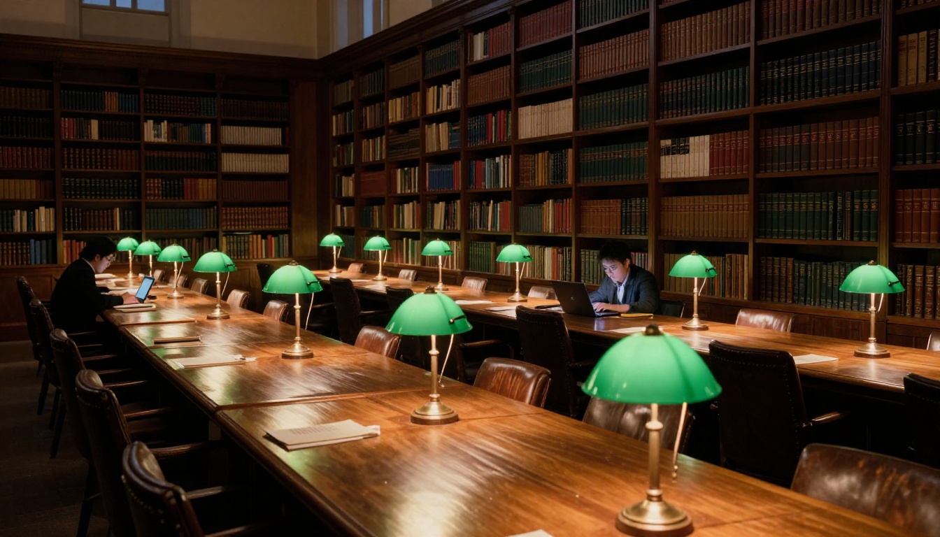 University library at dusk with green desk lamps and a student at a laptop
