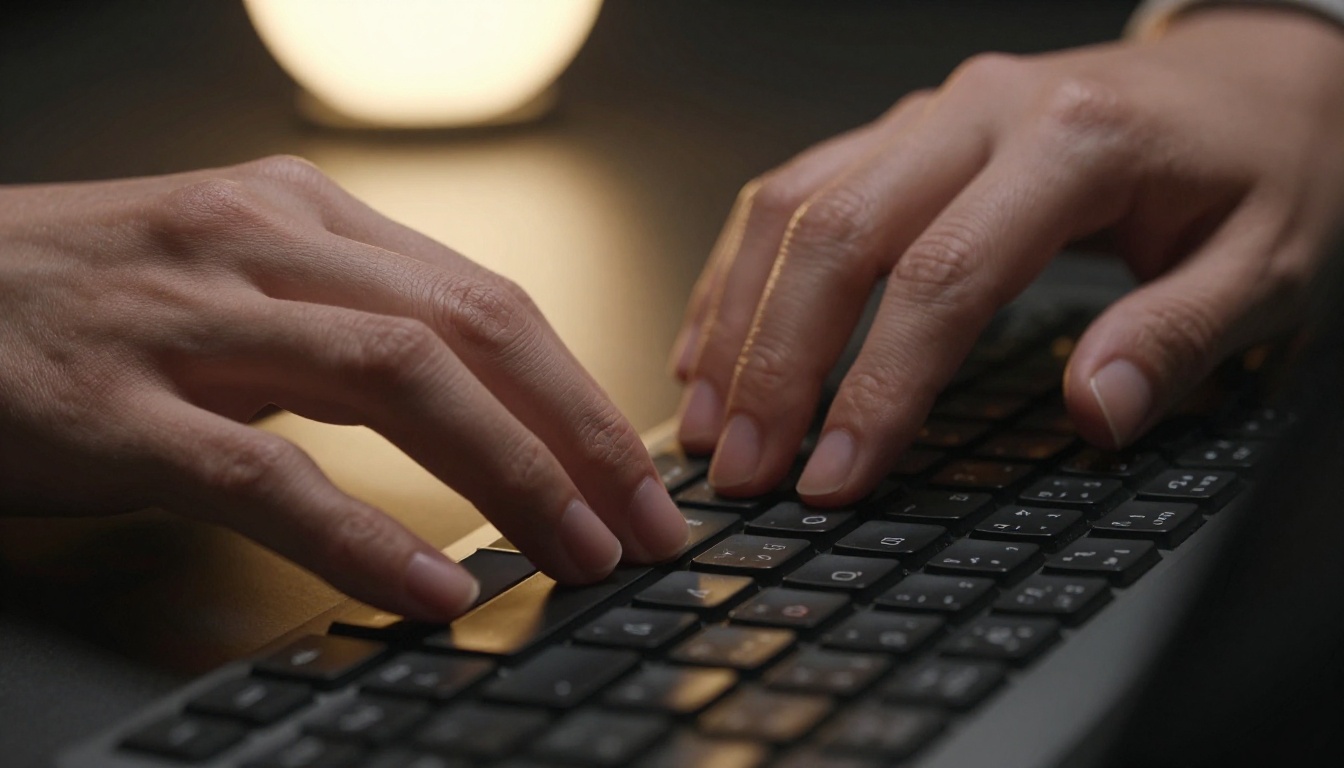 Extreme close-up of female hands typing on a mechanical keyboard with dramatic side lighting