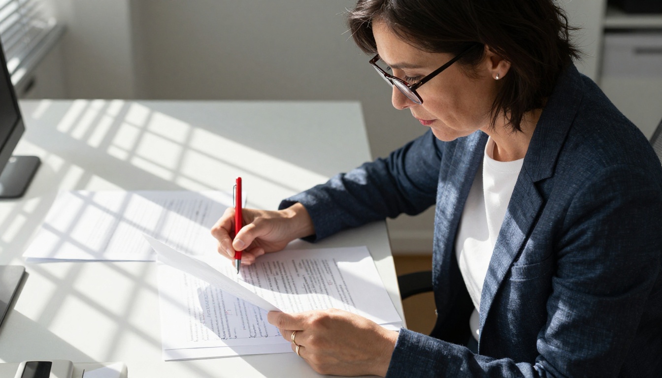 Academic researcher reviewing annotated papers with a red pen at a sunlit office desk