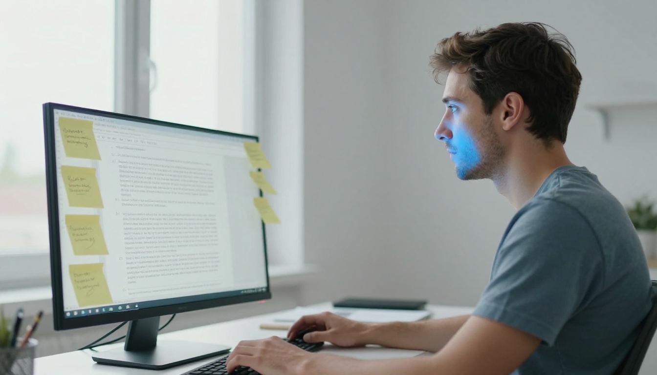 Man reading a long document on a large monitor with post-it notes on the bezel