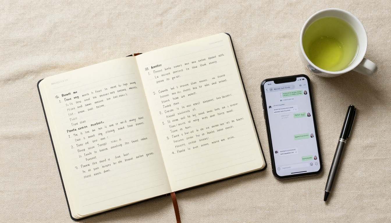 Overhead flat-lay of a content planning workspace with notebook, tea, and pens